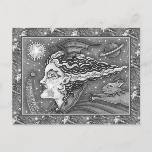 Sci Fi SPACE WITCH & KOMEET CAT BLK/WHITE HALLOWEE Feestdagenkaart (Voorkant)