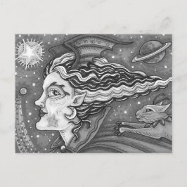 Sci Fi SPACE WITCH & KOMEET CAT BLK/WHT HALLOWEEN Feestdagenkaart