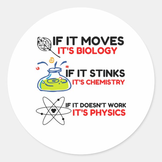 Science BIOLOGY CHEMISTRY PHYSICS Ronde Sticker (Voorkant)
