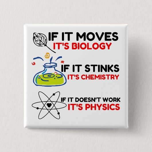 Science BIOLOGY CHEMISTRY PHYSICS Vierkante Button 5,1 Cm (Voorkant)