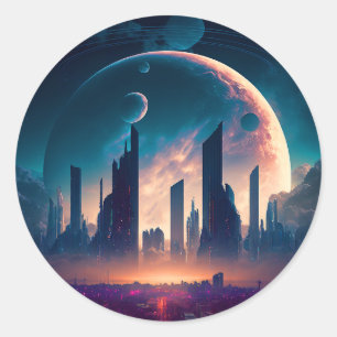 Science Fiction Cyberpunk Space City Ronde Sticker