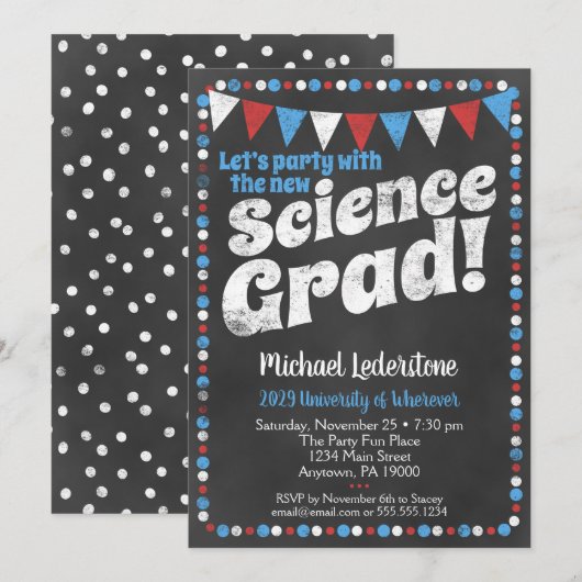 Science Graduation Party Invitation Red Blue Kaart (Voorkant / Achterkant)