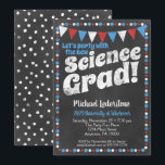 Science Graduation Party Invitation Rouge Bleu<br><div class="desc">Une invitation amusante et unique à la remise des diplômes scientifiques en style tableau noir avec drapeaux rouges,  blancs et bleus et une bordure en pois blanc avec des points à l'arrière.</div>