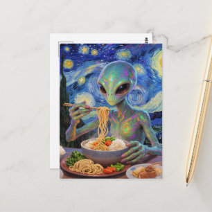 Sciencefiction Blauwe Alien Eet Noedels en Groente Briefkaart