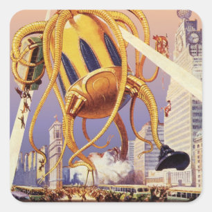 Sciencefiction uit het verleden: Oorlogs Invasie v Vierkante Sticker