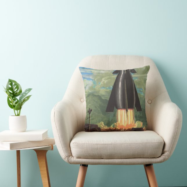 Sciencefiction uit het verleden, raket vertrekt va kussen (Stoel)