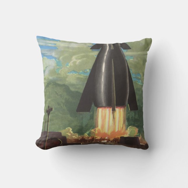 Sciencefiction uit het verleden, raket vertrekt va kussen (Voorkant)