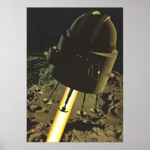 Sciencefiction uit het verleden, raketlanding op d poster