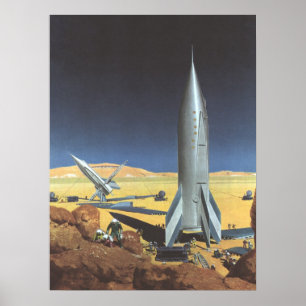 Sciencefiction-woestijnplaneet met raketten uit he poster