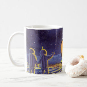 Sciencefictionaliens uit vroeger tijden op de blau koffiemok