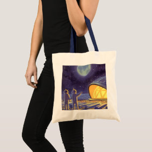 Sciencefictionaliens uit vroeger tijden op de blau tote bag
