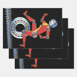 Sciencefictionrobot uit het verleden die rent met  inpakpapier vel