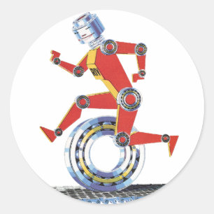 Sciencefictionrobot uit het verleden die rent met ronde sticker
