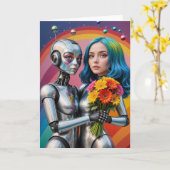 SciFi Vrouw Robots in Liefde Kaart (Gele Bloem)