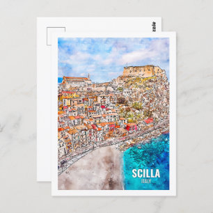 Scilla Italië Beroemde Reisplaats Waterverf Sketch Briefkaart
