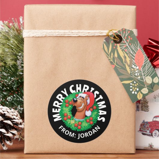 Scooby in Kerstkrans | Gepersonaliseerd Ronde Sticker (Feestdagen)