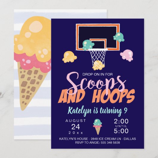Scoops and Hoops Girl Basketball Invitation (Voorkant / Achterkant)