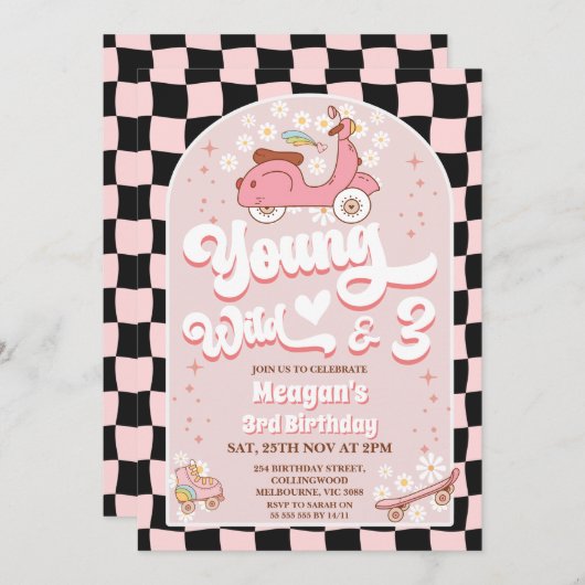 Scooter Roze Jonge Wild en Drie 3e verjaardag Kaart (Voorkant / Achterkant)