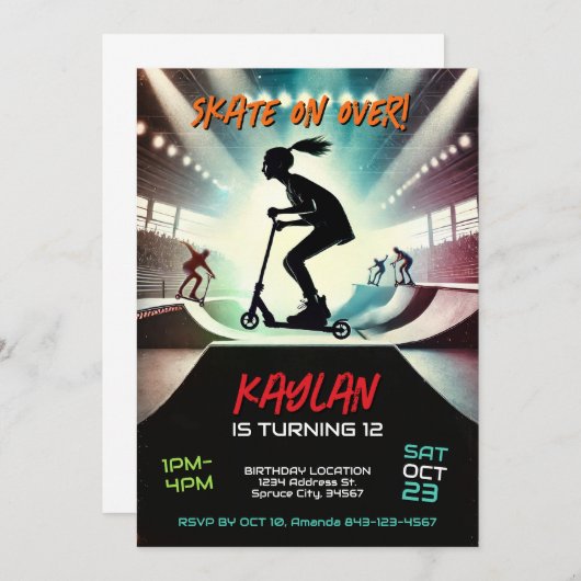 Scooter Verjaardag Uitnodiging voor meisjes (Voorkant / Achterkant)