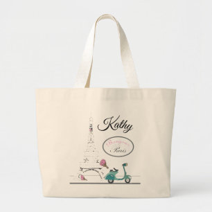 Scooter voorbij de Eiffel Tower Paris Frankrijk Grote Tote Bag