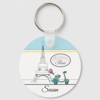 Scooter voorbij de Eiffel Tower Paris Frankrijk Sleutelhanger