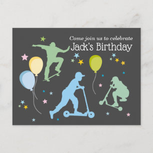 Scooters, fietsen, skateboards, rijden over uitnodiging briefkaart