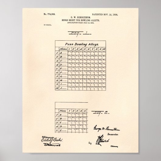 Score Sheet Bowling 1904 Patent Art Old Peper Poster (Voorkant)