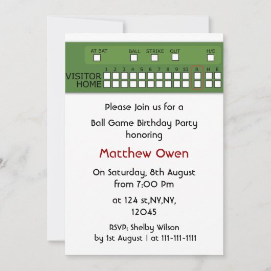 Scorebord voor honkbalspel - Birthday Party Invita Kaart (Voorkant)