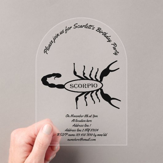 Scorpio Black Scorpion Star Sign Verjaardagsfeest Acryl Uitnodigingen (Insitu (Draagbaar))