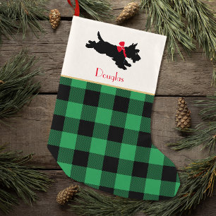 Scottie Dog Custom Name Buffalo Plaid Groen Kleine Kerstsok