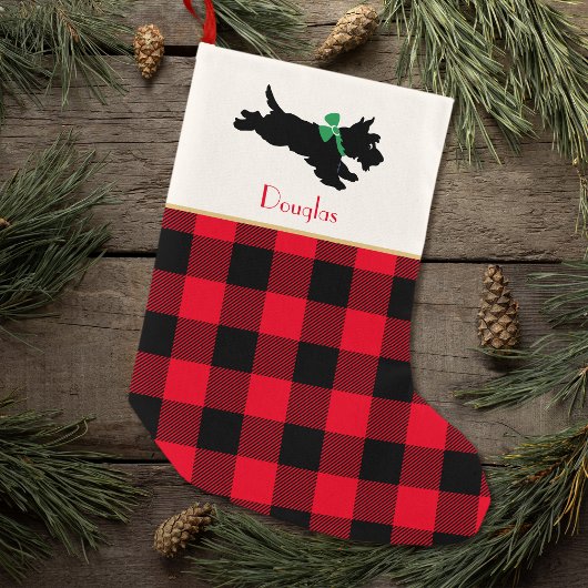 Scottie Dog Custom Name Buffalo Plaid Rood Kleine Kerstsok