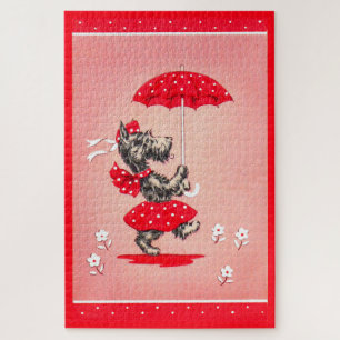 Scottie dog dame met paraplu legpuzzel