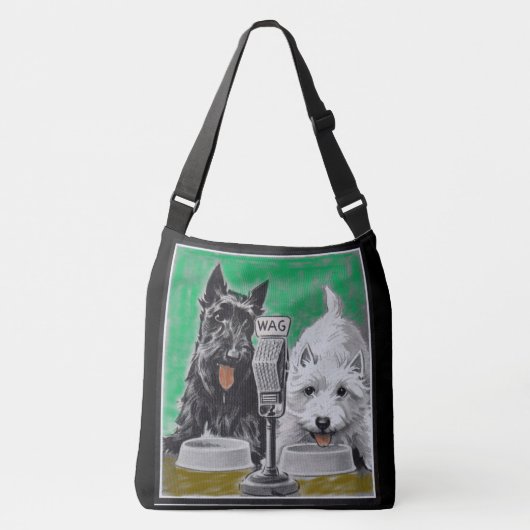 Scottie dogs Blackie en Whitie op de radio Crossbody Tas (Voorkant)
