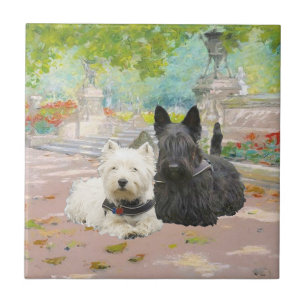 Scottie en Westie in een tuin Tegeltje