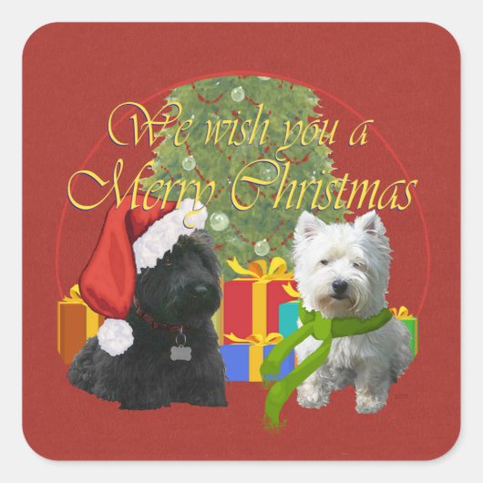 Scottie en Westie Merry Kerstmis Vierkante Sticker (Voorkant)