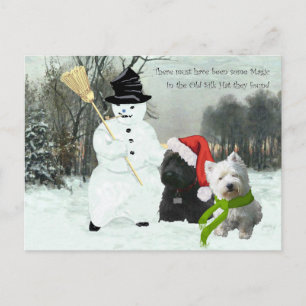 Scottie en Westie met Sneeuwman Feestdagenkaart