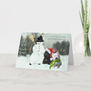 Scottie en Westie met Snowman Feestdagen Kaart