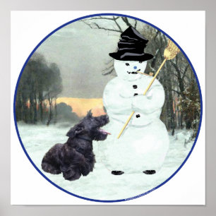 Scottie-hond en sneeuwman poster