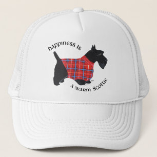 Scottie in rode en blauwe geruite trui trucker pet