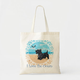 Scottie op het strand tote bag