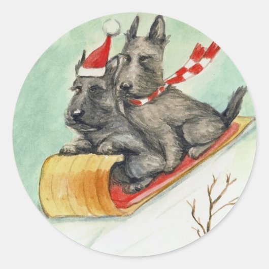 "Scottie Sleigh Ride" Dog Art Stickers (Voorkant)