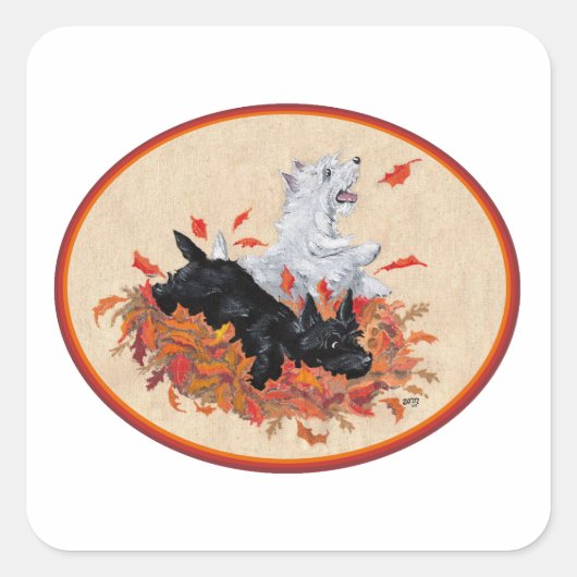Scottie & Westie Fallen Leaves Vierkante Sticker (Voorkant)