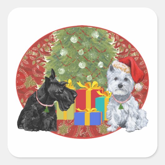 Scottie & Westie Kerstmis Vierkante Sticker (Voorkant)