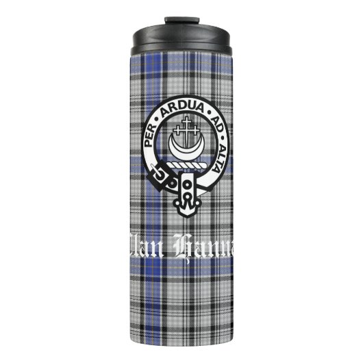 Scottish Clan Hannay Crest Badge en Tartan Custom Thermosbeker (Voorkant)