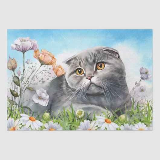 Scottish Fold Cat Floral Waterverf Tissuepapier (Voorkant)