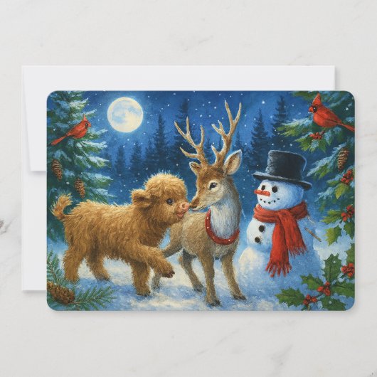 Scottish Highland Cow Reindeer & Snowman Christmas Feestdagenkaart (Voorkant)