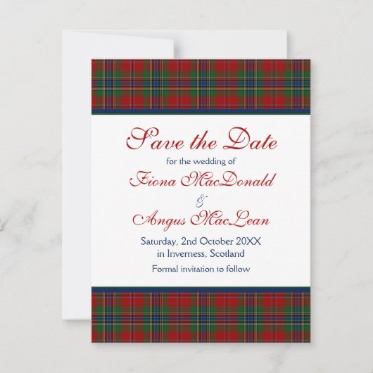 Scottish MacLean Tartan Wedding Save the Date Kaar (Voorkant)