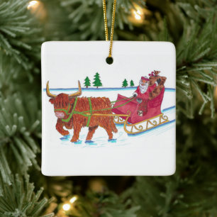 Scottish Santa met Highland Koe sleigh Keramisch Ornament