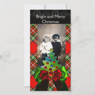 SCOTTISH TARTAN, CHRISTMAS TREE EN RED GREEN BOWS FEESTDAGENKAART