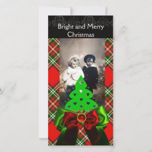 SCOTTISH TARTAN, CHRISTMAS TREE EN RED GREEN BOWS FEESTDAGENKAART